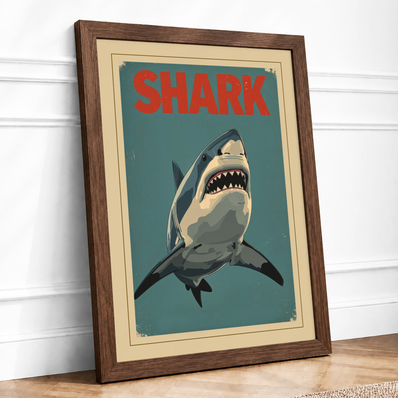 Shark Retro - Framed Print, A2 - 59.4 x 42.0 cm, Walnut
