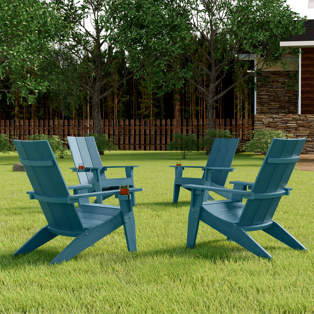 Aurra Modern All Weather Outdoor HIPS Plastic Adirondack Chairs with Cup Holder, Oversize Fire pit Chairs (Set of 4) Highland Dunes