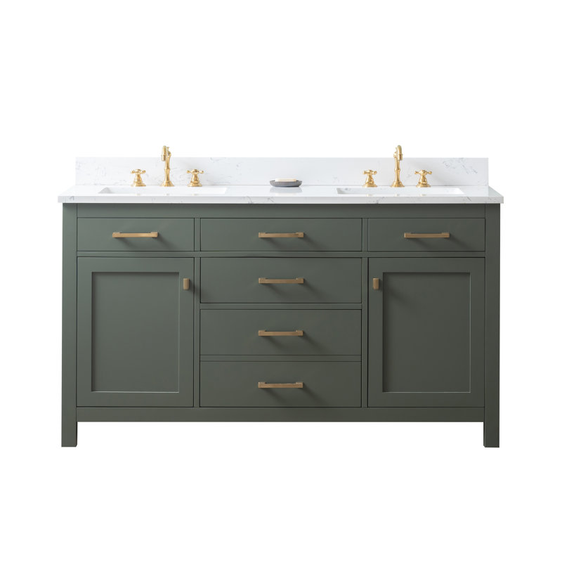 Meuble-lavabo double Ajhane, Vert rétro / or brossé