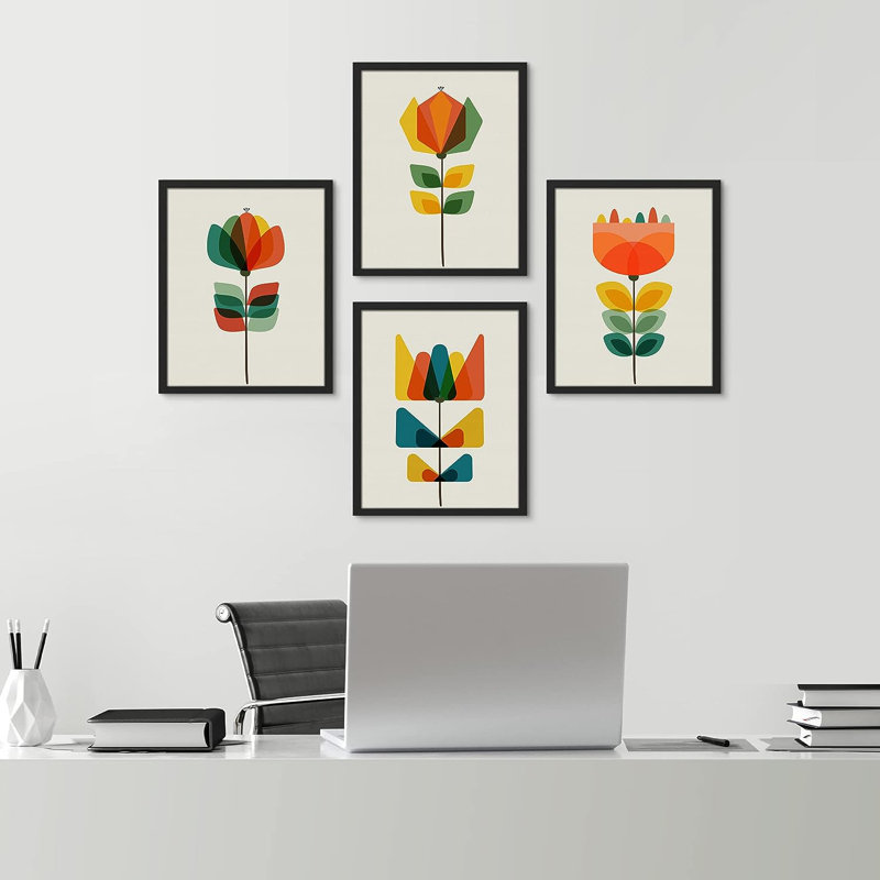 " Mid-Century Modern Retro Botanical Flower Garden " 4 - Pieces, 16" H x 12" W, Black
