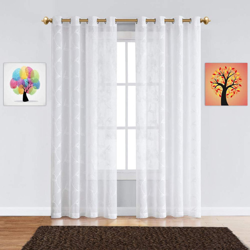 Floral Sheer Grommet Curtain Panels with Stitched Leaf Embroidery, Silver, 	54" W x 96" L