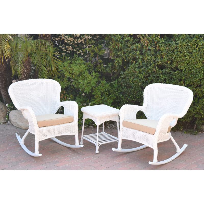 Windsor Resin Wicker Rocker Chair And End Table Set With Cushions, Tan, White