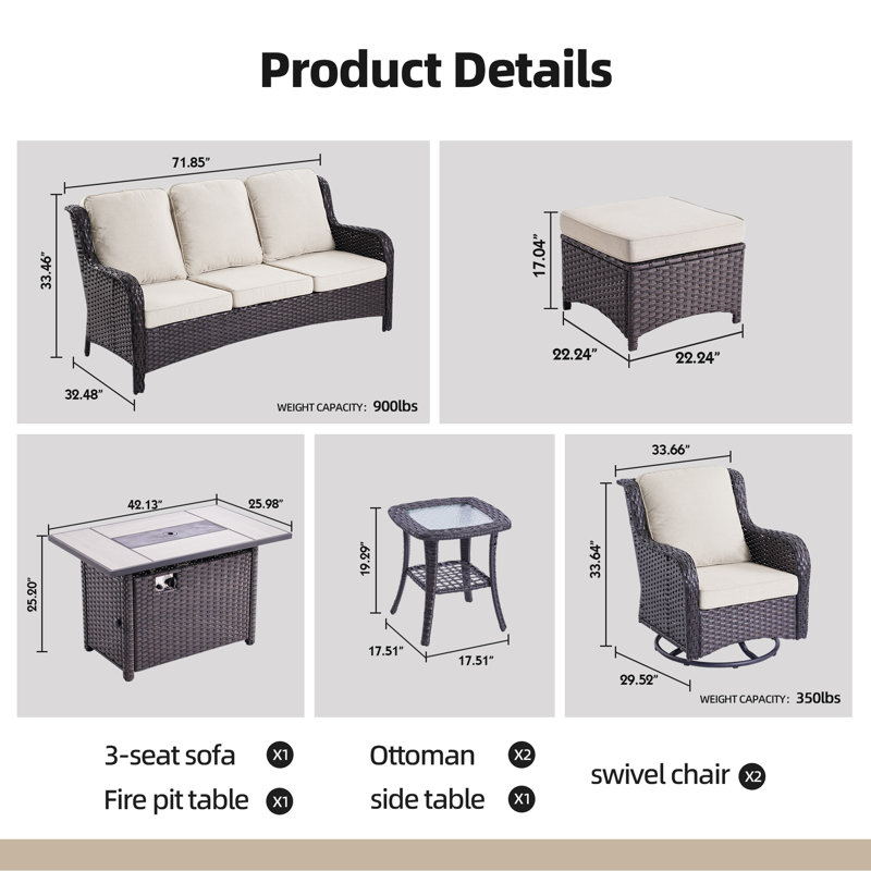 7 - Person Patio Furniture Set with Swivel Rocker, Outdoor Wicker Rattan Seating Group with Cushions, All Weather Sofa Conversation Set with Fire Pit Table for Garden Backyard