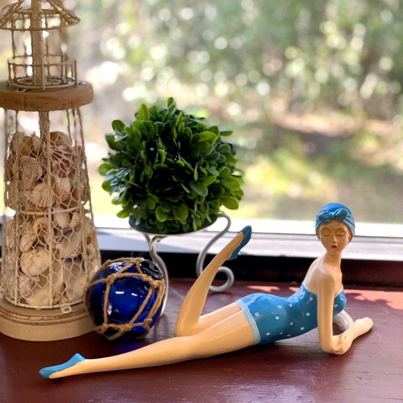 Figurine en résine peinte à la main, style pin-up rétro côtier, à pois bleu Égée, 33,7 cm de large