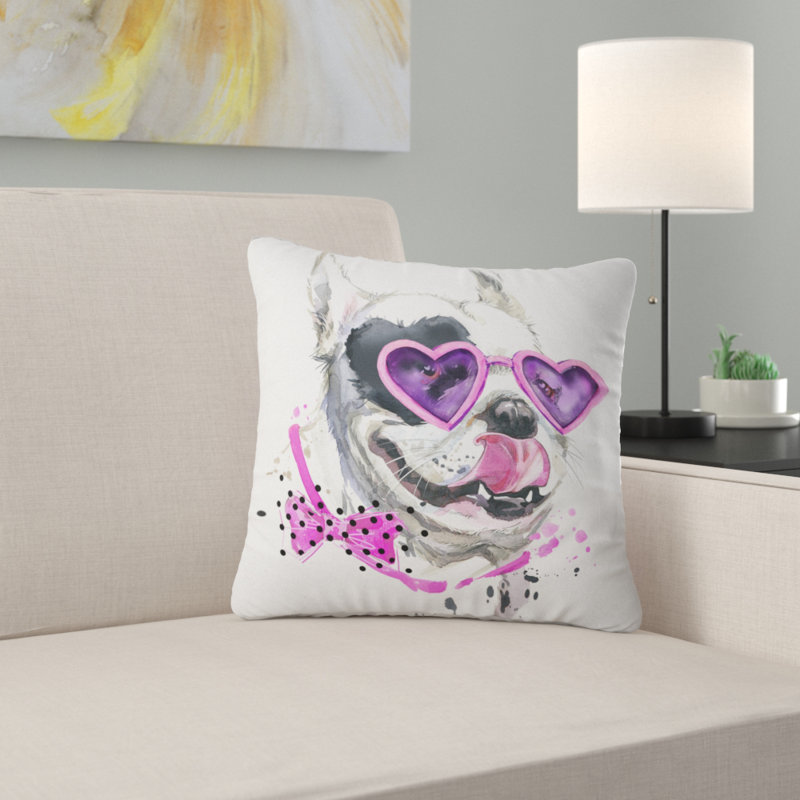 Drôle de chien avec des lunettes en forme de cœur - coussin imprimé animal, 16 po x 1 po, Coussin décoratif