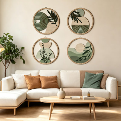 4 Piece Green Bohemian Botanical Wooden Wall Art Set with Hanging Cord, Fibreboard Wall Decor for Bedroom, Living Room or Office, 11 x 11 Inches