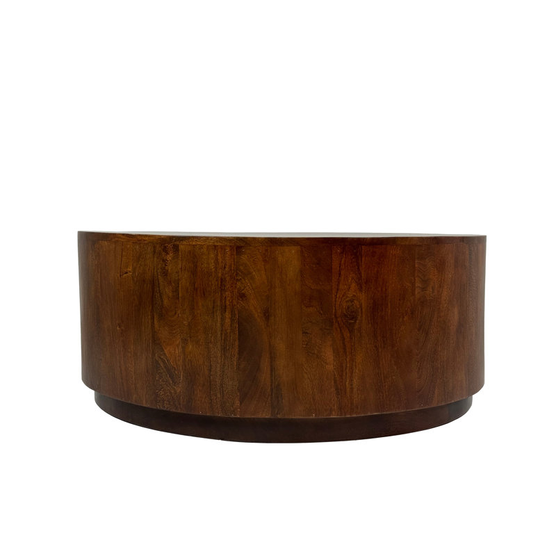 Table basse ronde rustique brune de 42 po avec motif cylindrique en bois de manguier massif