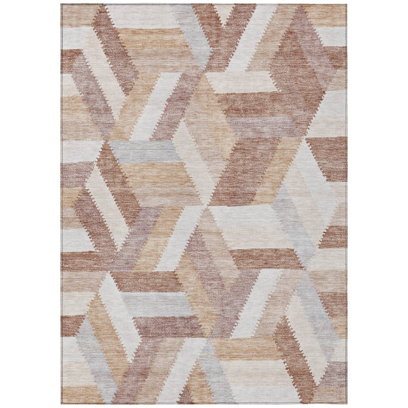 Copper and Beige Geometric Washable Indoor/Outdoor Rug