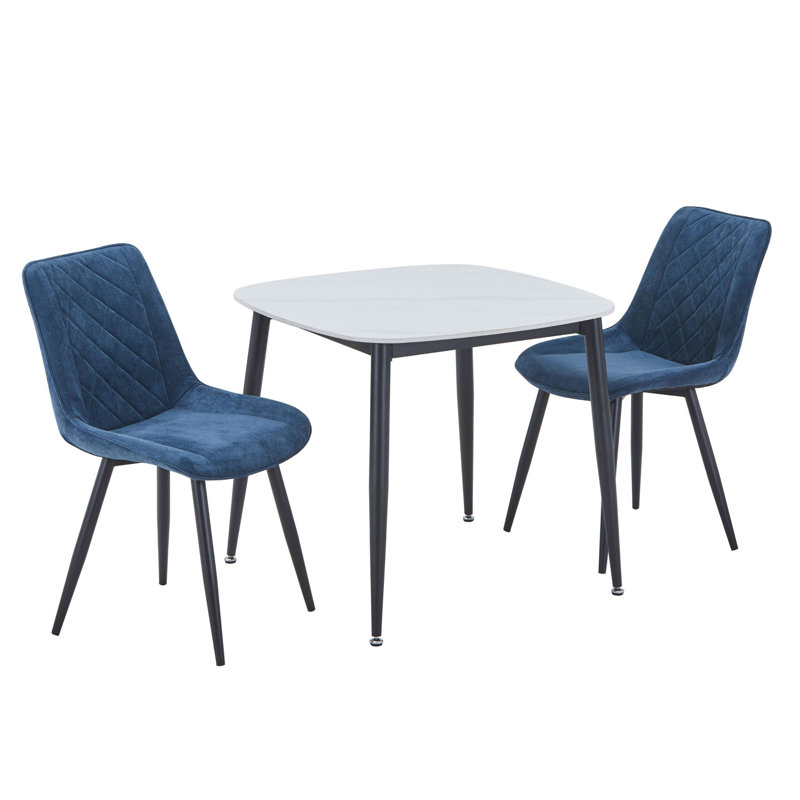Aspen Sintered Stone Square Table with 2 Diamond Stitch Upholstered Fabric Chairs - Modern Dining Set, Blue