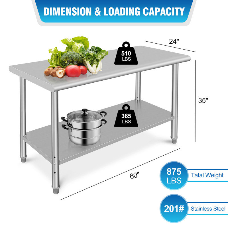 Table de travail en acier inoxydable l 24 po x H 35 po Sangdo, H 35 po x l 60 po x P 24 po