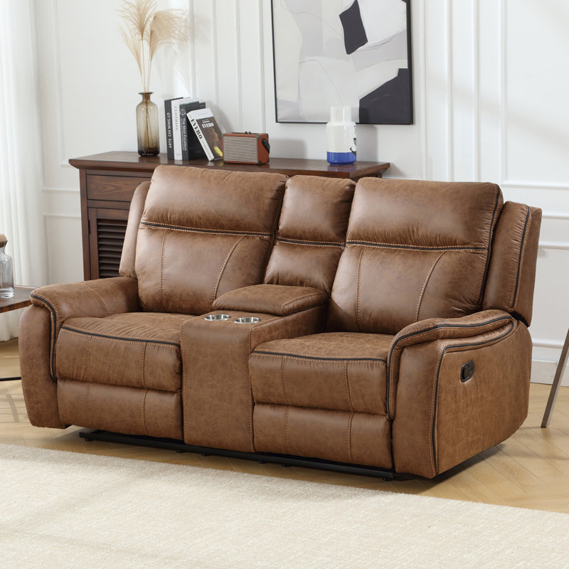 Caleb 74.4" W Stain Resistant Microsuede Reclining Loveseat with Storage and Cupholders, Brown Microfiber/Microsuede