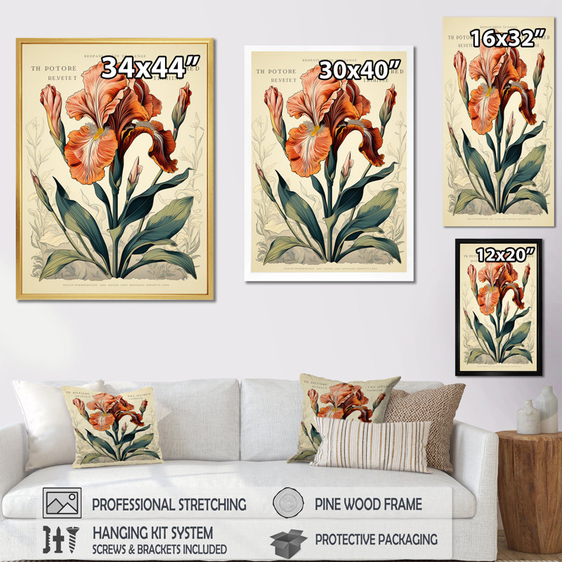 Iris rouge, illustration rétro sur toile, H 44 po x l 34 po x P 1,5 po, Toile tendue