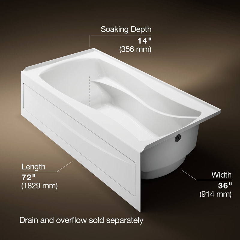 Mariposa 72" x 36" Soaking Bathtub, White, Right