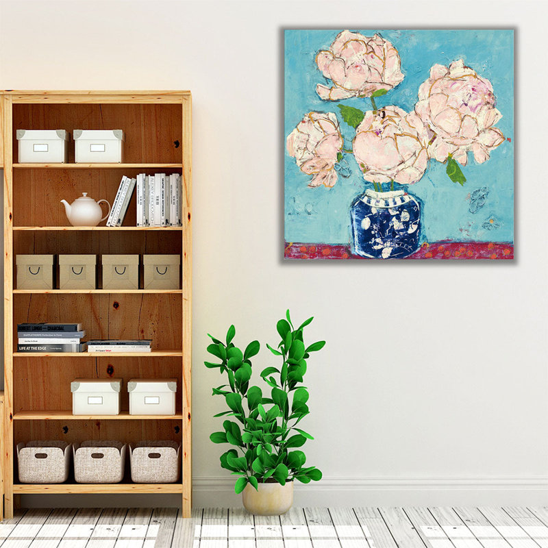 Vase de pivoines aqua corail - reproduction d'art sur toile, H 12 po x l 12 po