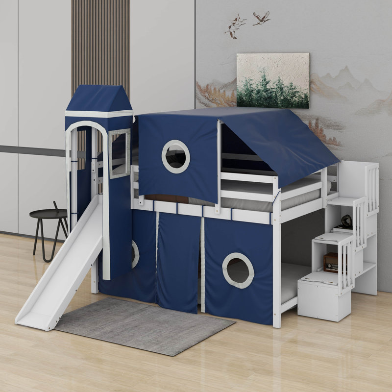 Lit mezzanine double avec tour et tente, Bleu