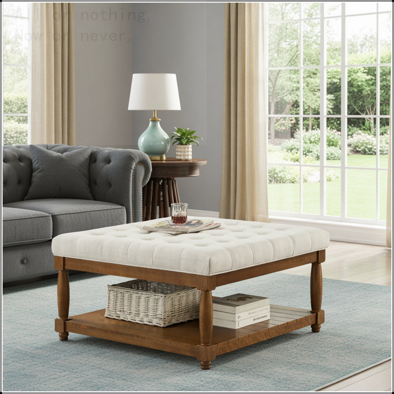 Grande table basse carrée avec repose-pieds en lin capitonné et grand repose-pieds avec tablette en bois massif, Brun