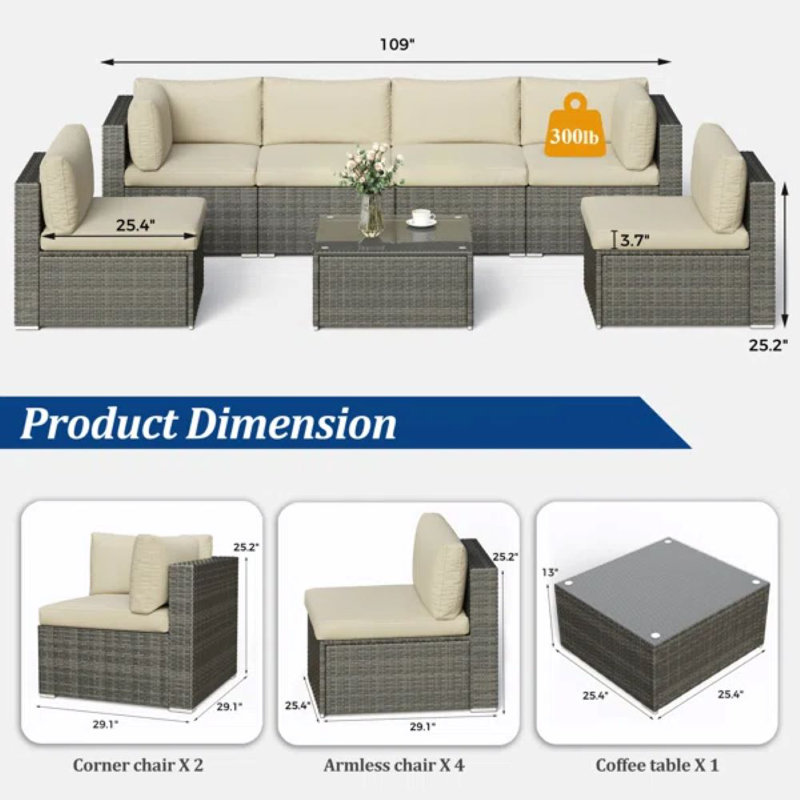 Wicker 6 - Person Modular Patio Conversation Sets with Cushions, Grey Frame/Beige Cushion