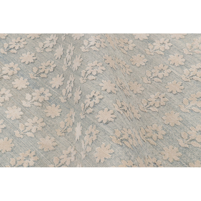 Rug & Kilim’S Modern Block Print Rug In Blue With White Floral Patterns, Runner 3' x 8'