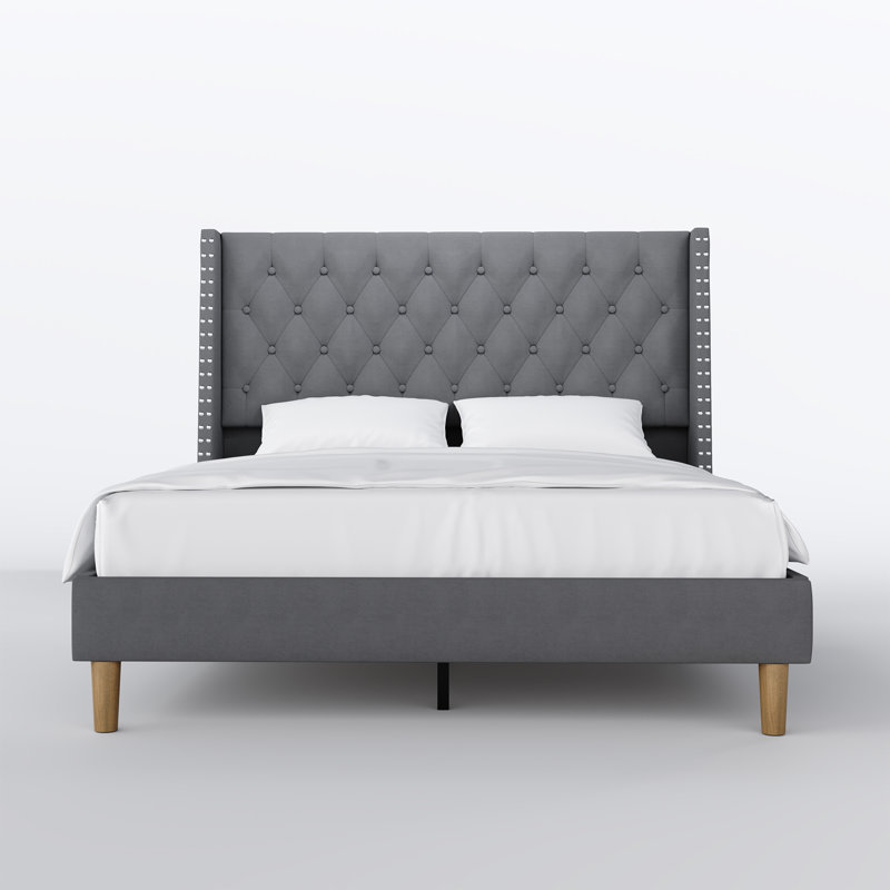 House of Hampton Modern Velvet Upholstered Platform Bed with Wingback Tufted Headboard, Gray, Queen