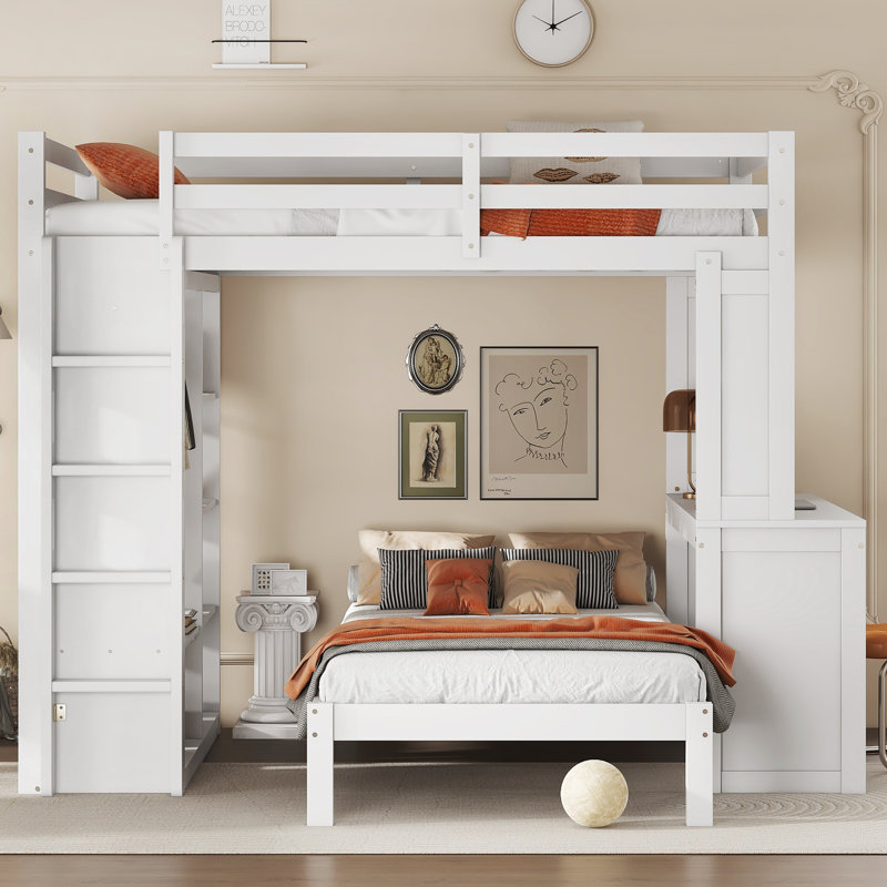 Lit double superposé double TG / double avec lit inférieur démontable et bureau, structure de lits superposés en bois massif avec tablettes intégrées et garde-robe, peut être converti en lit mezzanine, blanc