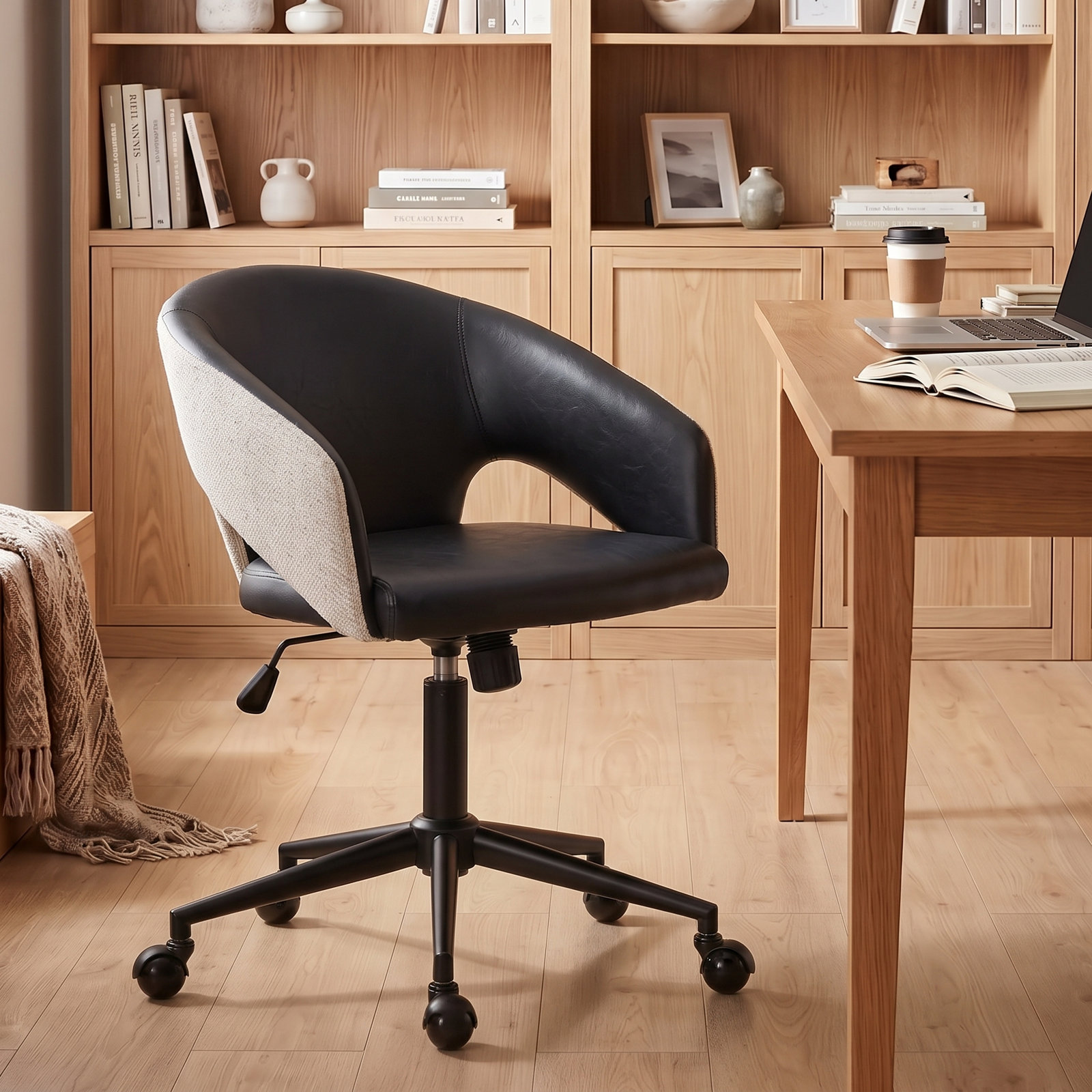 Mid-Century Two-Tone Office Chair Faux Leather & Fabric Upholstered Swivel Desk Chair With Thick Cushion Height Adjustable Rolling Task Chair With 360°Ball Caster & Black Metal Base, For Home Office, Vanity