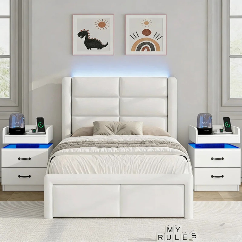 Faux Leather Upholstered Bed Frame with Headboard + 2-Drawer Nightstand with Charging Station, USB Ports & Outlets, Complete 3-Piece Bedroom Set