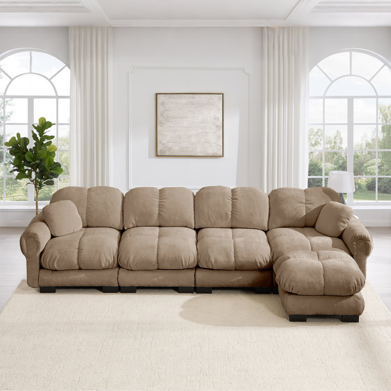 Ensemble de canapé modulaire surdimensionné en chenille avec coussins et 1 repose-pieds, beige taupe, 1 repose-pieds