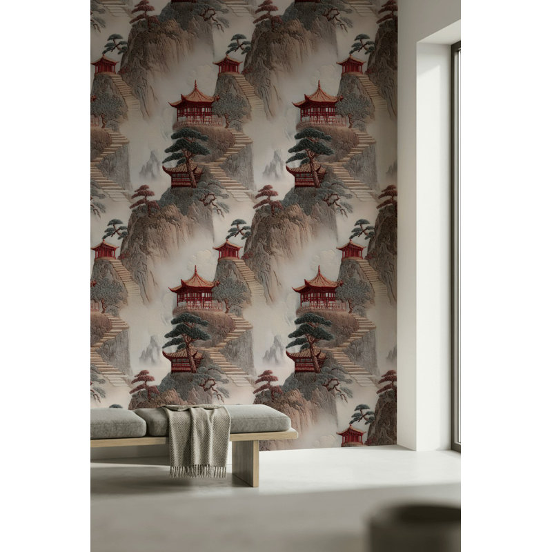 Papier peint paysage asiatique pagode sereine, Peler et coller