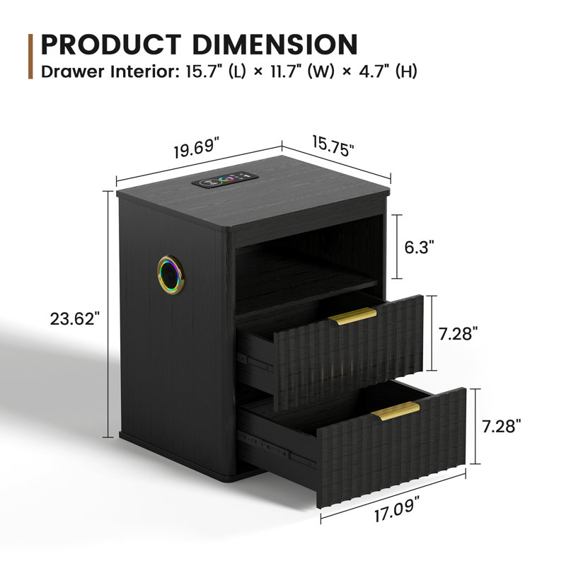 19.7''W Fluted Nightstand with Bluetooth Speaker, RGB Sensor Lights, Wireless Charger, Black