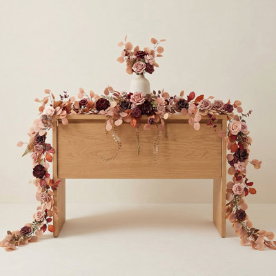 5.9FT Eucalyptus And Willow Leaf Garland With White Flower, Handcrafted Wedding Sweetheart Table Centerpieces Head Table Decor Arch Backdrop Decorations For Wedding