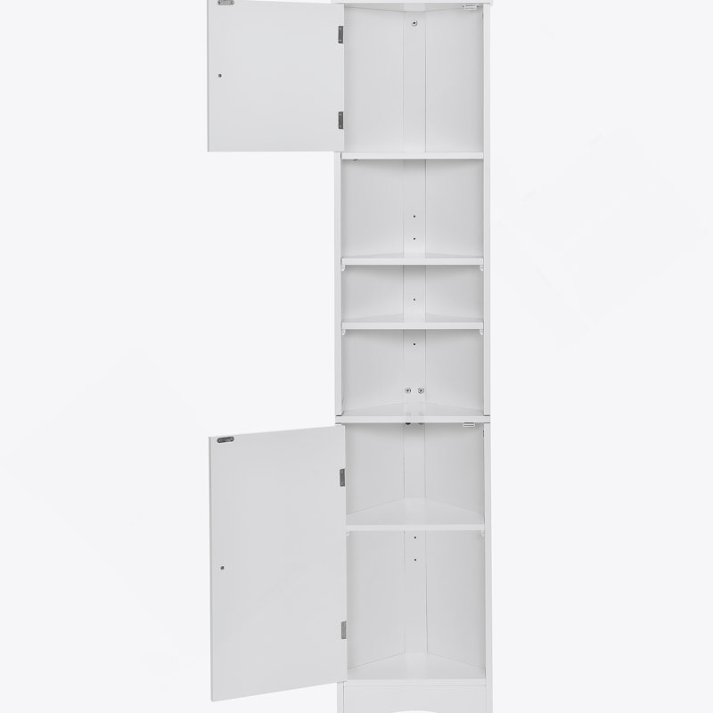 Armoire de coin pour le rangement de la salle de bain avec deux portes, des tablettes réglables et une tablette ouverte, idéale pour économiser de l'espace et organiser des articles