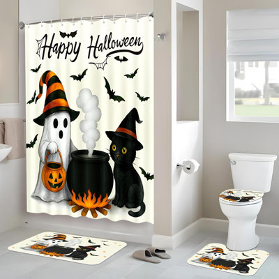 4 pièces ensembles de rideaux de douche pour salle de bain Halloween, chat fantôme, tapis de citrouille, tapis de bain, couvercle de toilette, décorations effrayantes avec 12 crochets