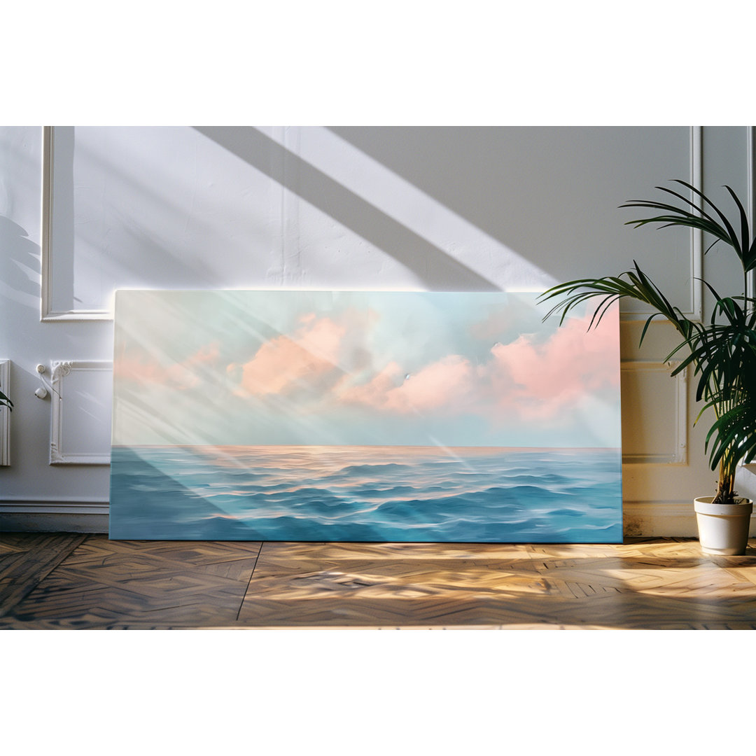 Leinwandbild gerahmt 120x60cm Meer Strand Pastelltöne Horizont rosa Wolken