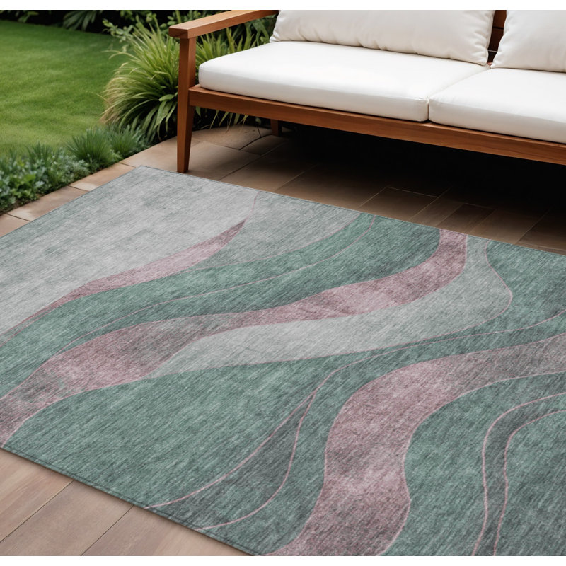 Tapis intérieur/extérieur lavable, abstrait, sauge et rose, 3 m x 4,2 m