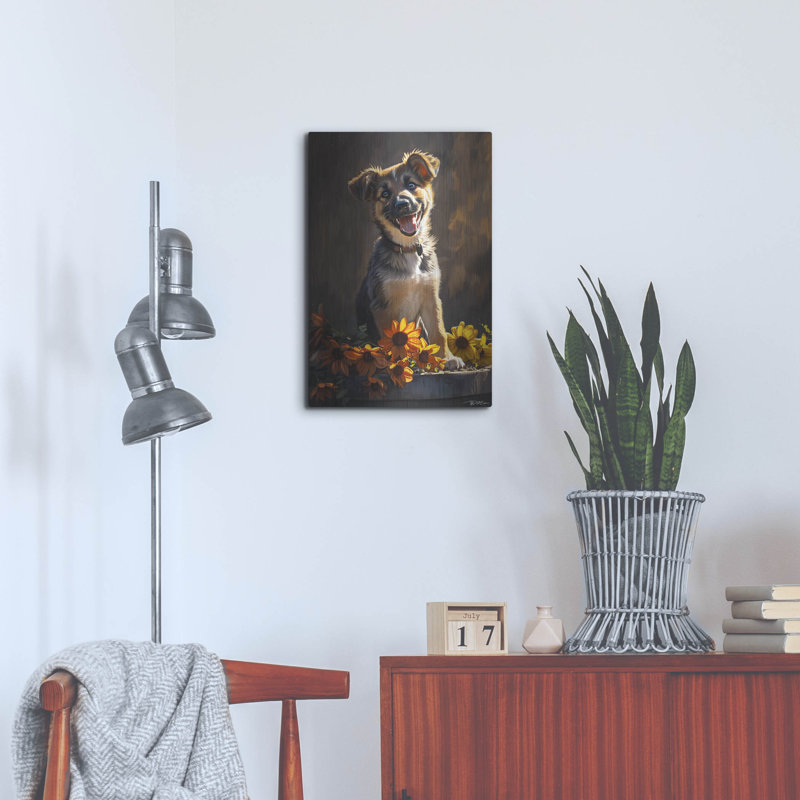 Art mural en métal Winston Porter «Cute Puppy With Orange Flowers German Shepherd» par Momart, H 24 po x l 16 po