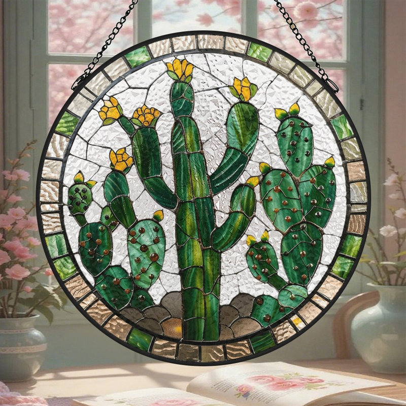 Panneaux en vitrail cactus, attrape-soleil pour la décoration de fenêtre, 9,8 x 9,8 po (25 x 25 cm)