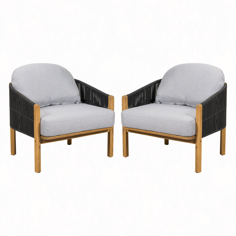 Fauteuil club d'extérieur en bois avec coussin, ensemble de 2, Coussin gris/cadre noir