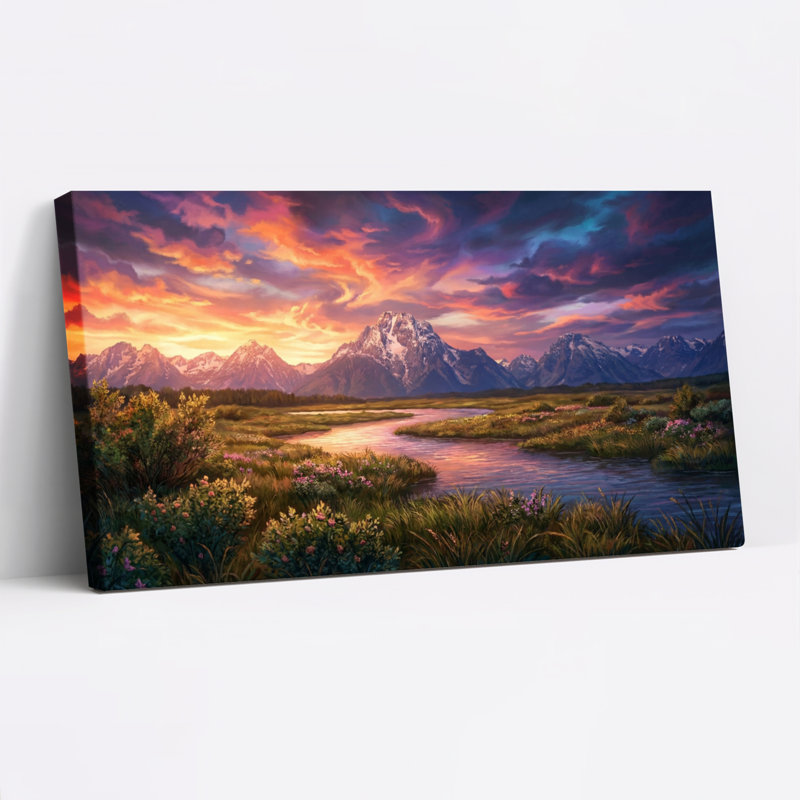 «Mountain Landscape Sunset», reproduction de peinture à l'huile sur toile, H 16 po x l 32 po