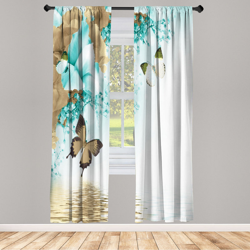 Microfiber Floral Semi-Sheer Rod Pocket Curtain Panels, 28" W x 63" L, Tan/Turquoise