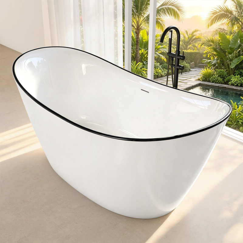 Baignoire autoportante moderne en acrylique 63 po x 31 po, baignoire à garniture noire avec dossier double incliné, capacité de 56 gallons et ensemble de bonde