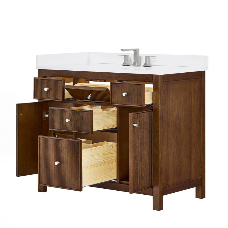 Meuble-lavabo simple 42 po Pendry en noyer foncé, comptoir en quartz blanc, lavabo carré encastré (1 trou), garniture en nickel brossé