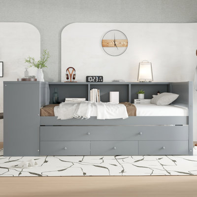 Lit de jour simple avec lit gigogne, structure en bois, tiroirs de rangement et bureau - Lit de jour peu encombrant, sans sommier, gris