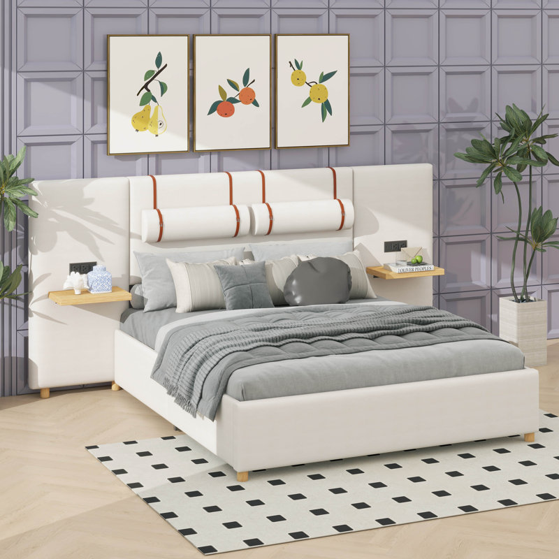 Lit plateforme tapissier avec deux prises, ports de chargement USB, deux coussins de chevet et tablettes de rangement, Double