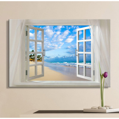 Wi Nature Scene " Serene Coastal Clear Sea And Tropical Beach Open Window Modern Wall Pictures Home Decor "