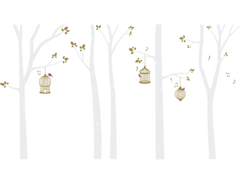 Décalcomanie murale cages d’oiseaux dans les arbres bouleau, Blanc / Doré