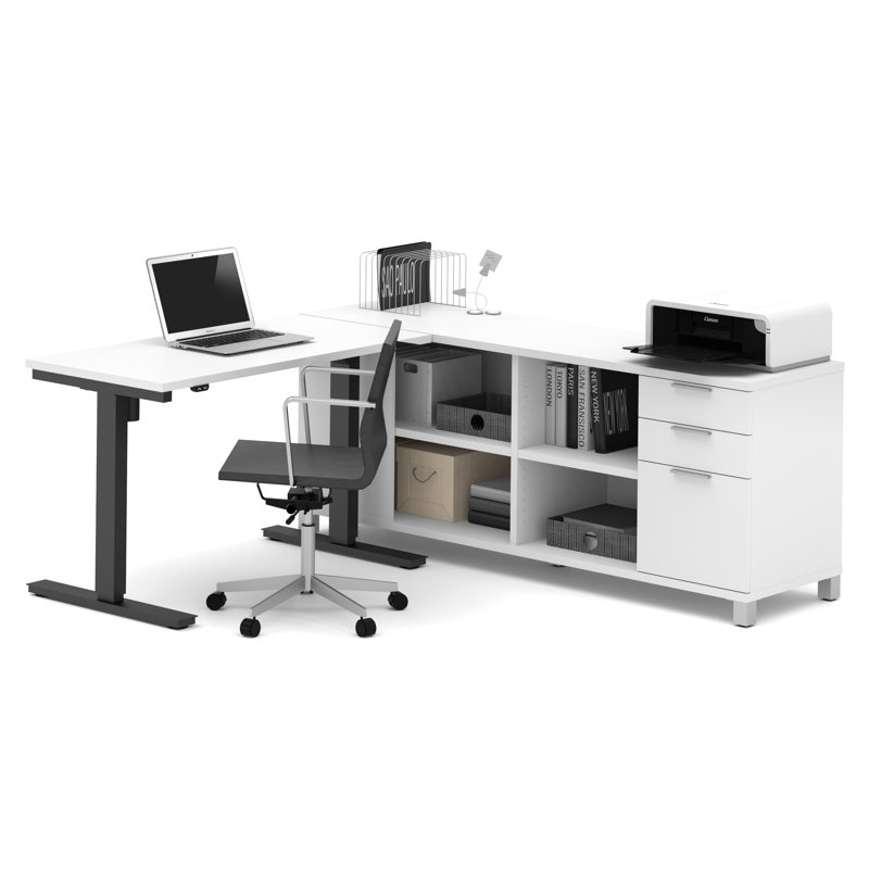 Ensemble de bureau Oriano avec pieds en métal, Blanc, 2 pièces (bureau à hauteur ajustable, crédence)