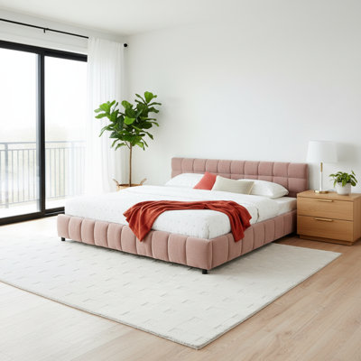 Lit tapissier très grand californien, base de lit rembourrée confortable, tissu chenille, avec tête de lit et base de lit solide. Avec tiroir pour le rangement - Rose (90,5 po x 80,5 po x 31 po)