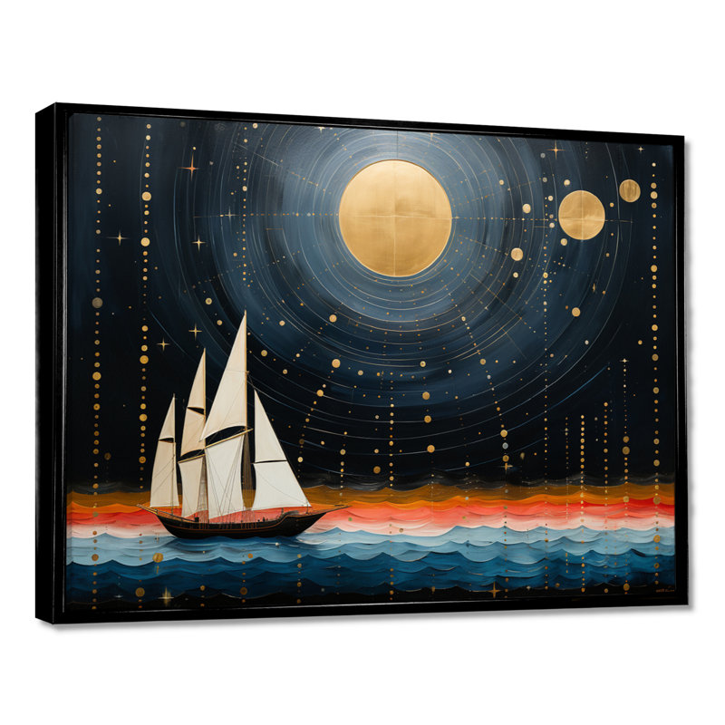 Voilier guidé par Dieu, pleine lune, océan, tranquillité - paysage abstrait, art mural, Toile avec cadre flottant noir