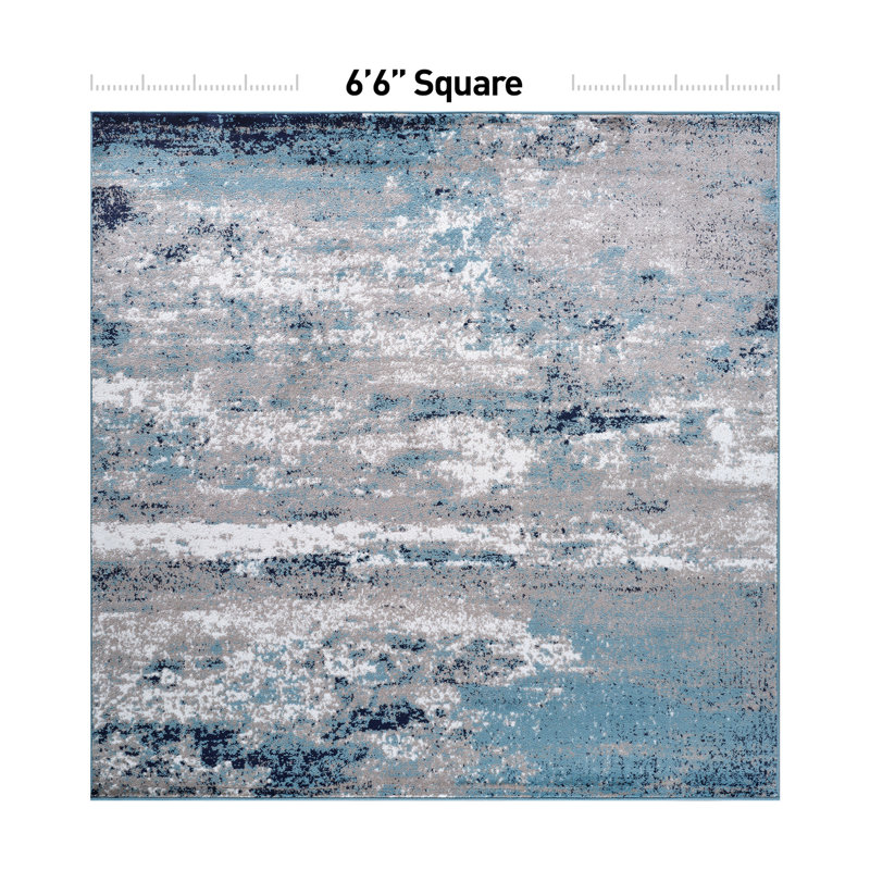Willington Abstract Gray/Blue Rug, Square 6'6"