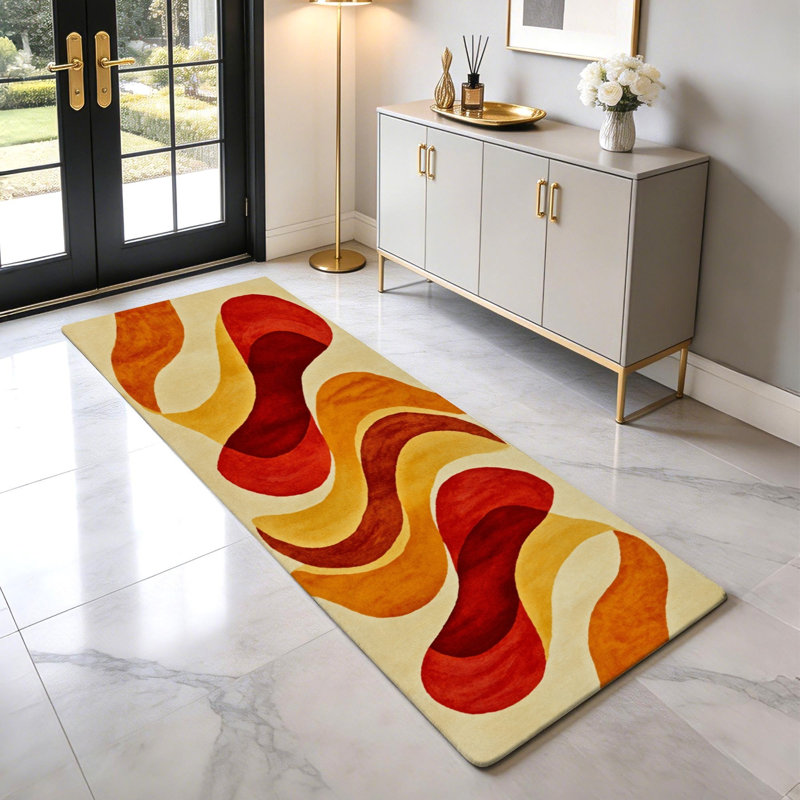 Tapis de couloir de cuisine moderne et abstrait, motif de vagues rétro rouge-orange et jaune, long tapis antidérapant pour la cuisine, le couloir, la salle de lavage et le vestibule